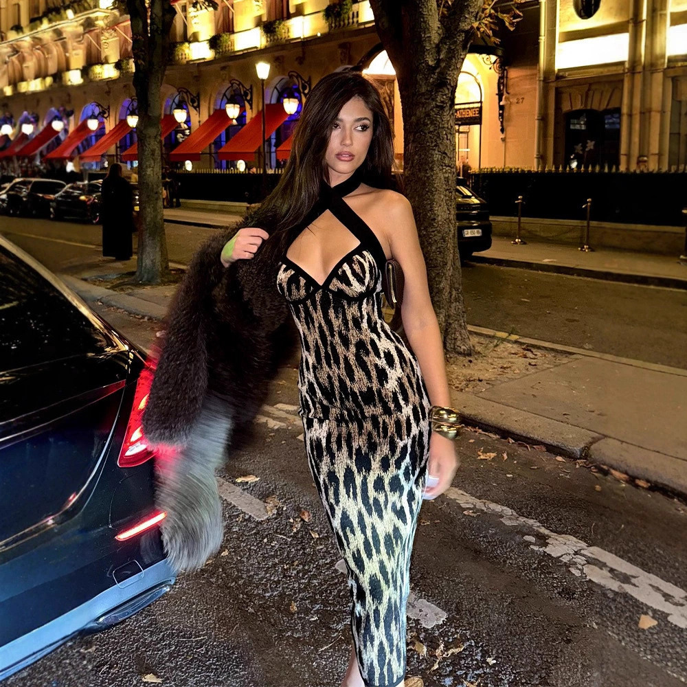 H&M Vintage Leopard Print Halter Neck Slim Fit Dress